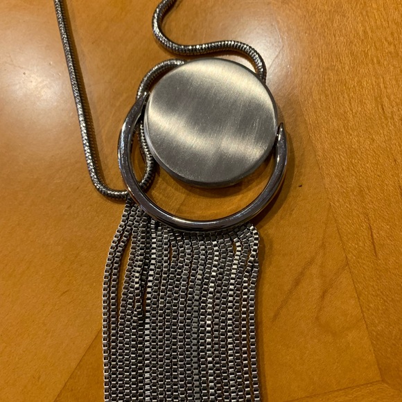 Silver Tone Long Disk Circle Box Chain Tassel Necklace - Picture 2 of 3